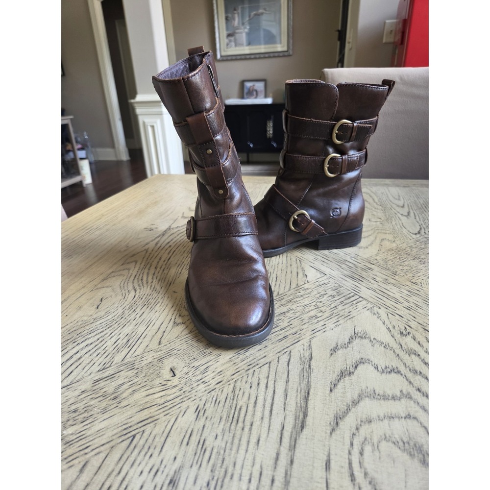 Born Boots Womens Size 6 Brown Leather Mid Calf Biker Buckle Zip COF15 Strappy